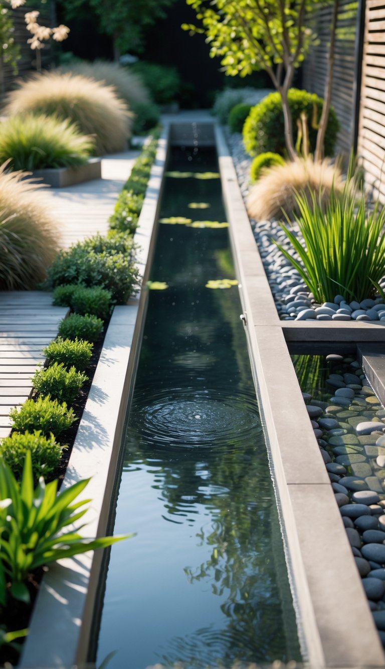 A tranquil garden with narrow water features flowing alongside plants and stone paths.